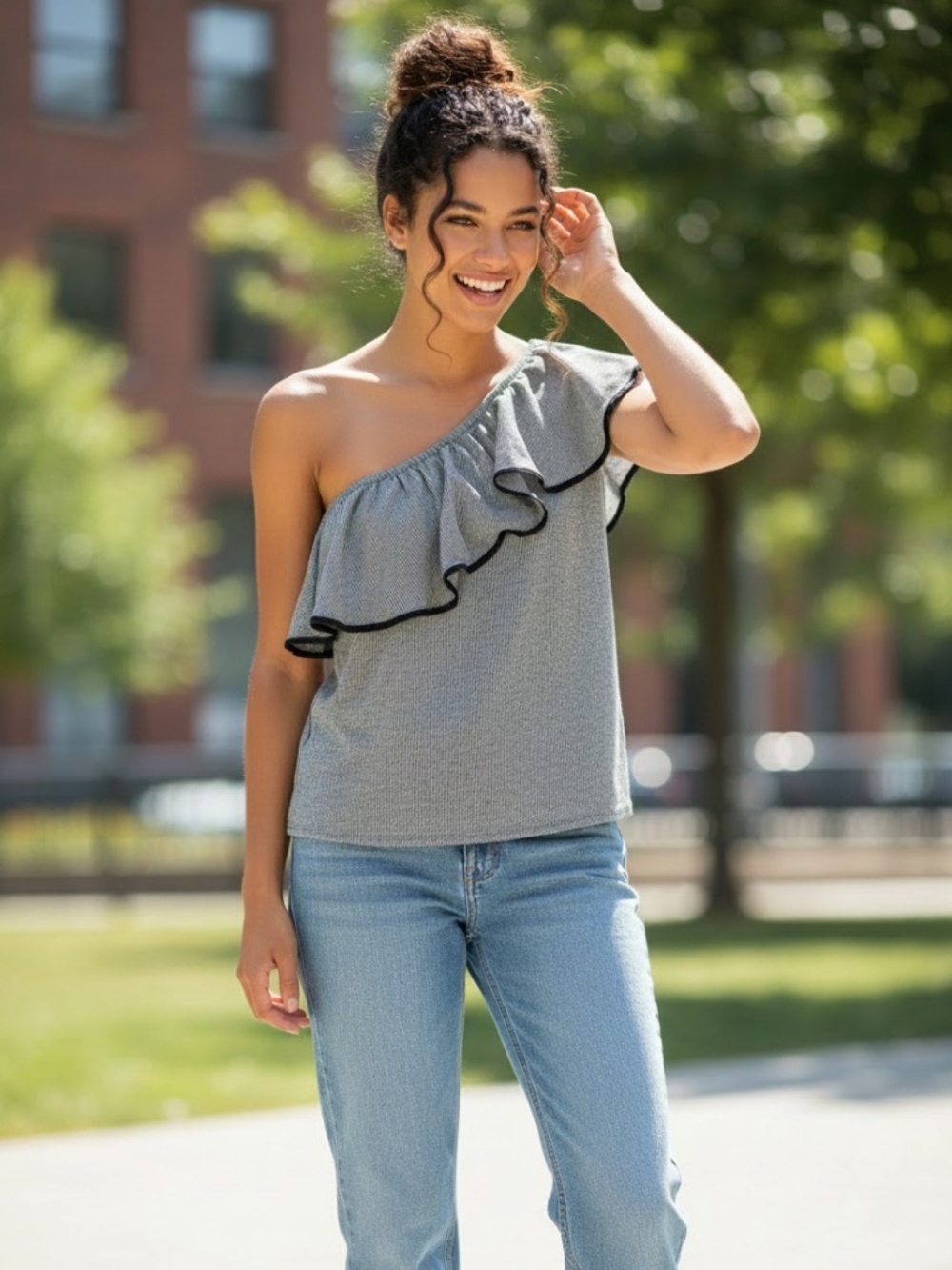 LOFT off shoulder ruffle top in black and gray